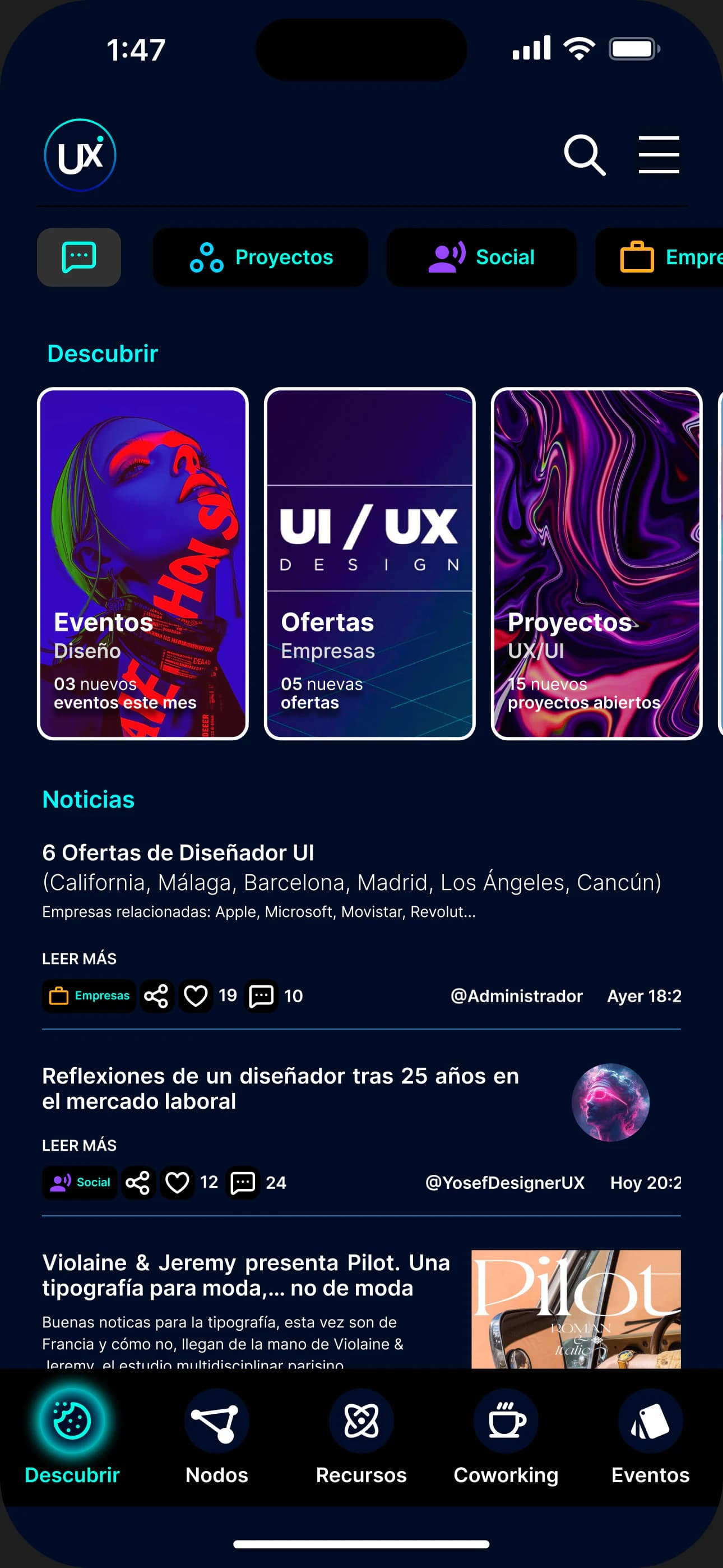 Pantalla mobile Descubrir de TheUXUnion diseñada en Figma