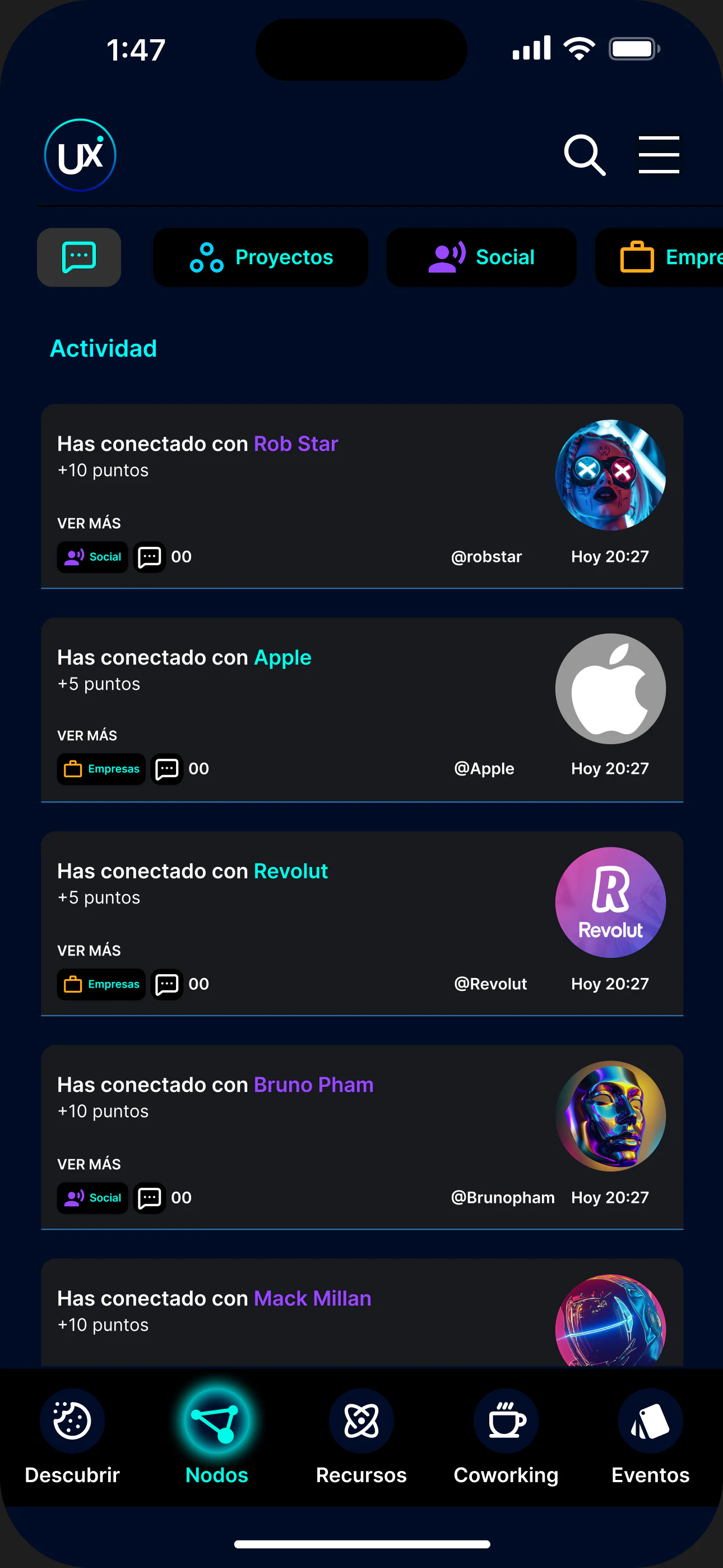 Pantalla mobile de actividad y nodos de TheUXUnion diseñada en Figma