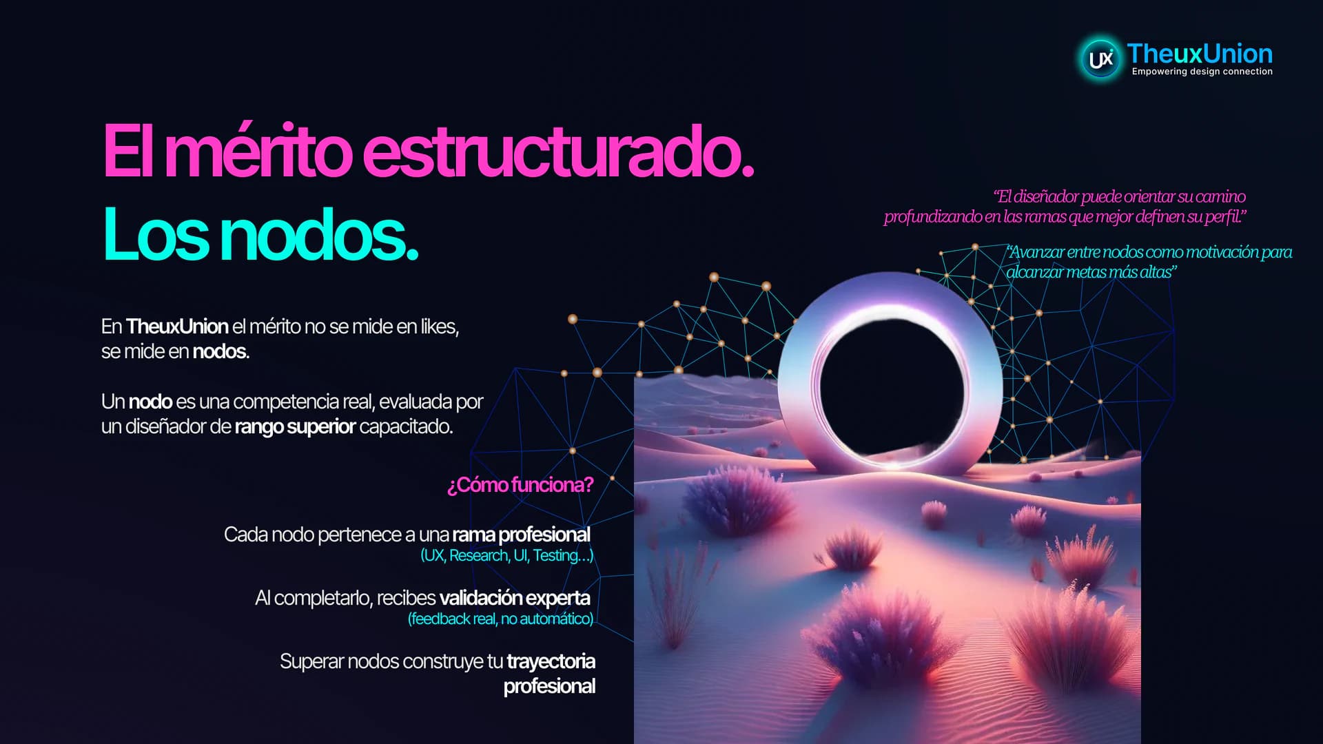 Lámina del pitch de TheUXUnion que explica el sistema de mérito mediante nodos