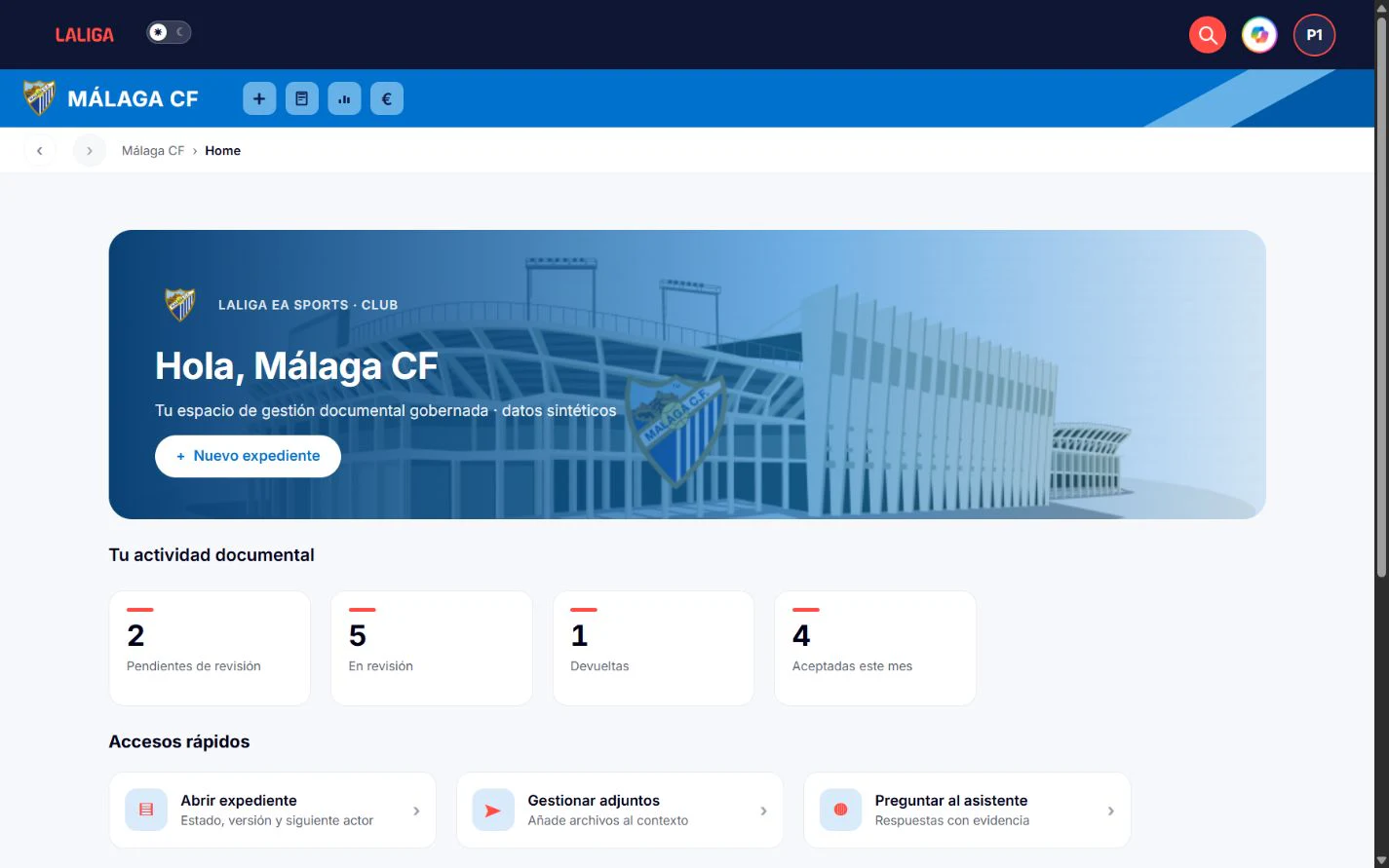 Inicio del espacio de gestión documental de Málaga CF con datos sintéticos