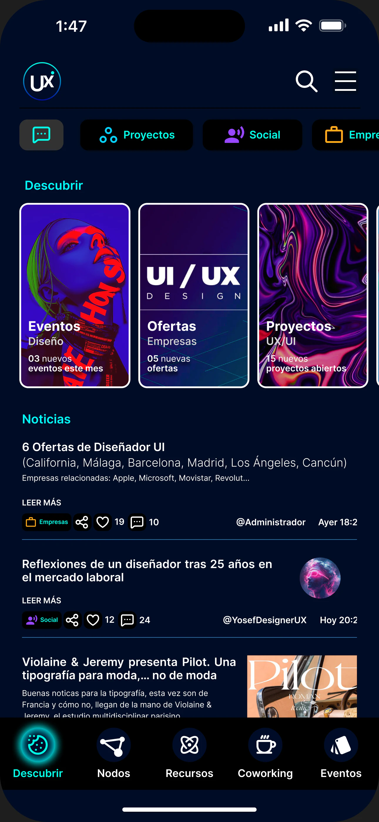 Pantalla mobile Descubrir de TheUXUnion diseñada en Figma