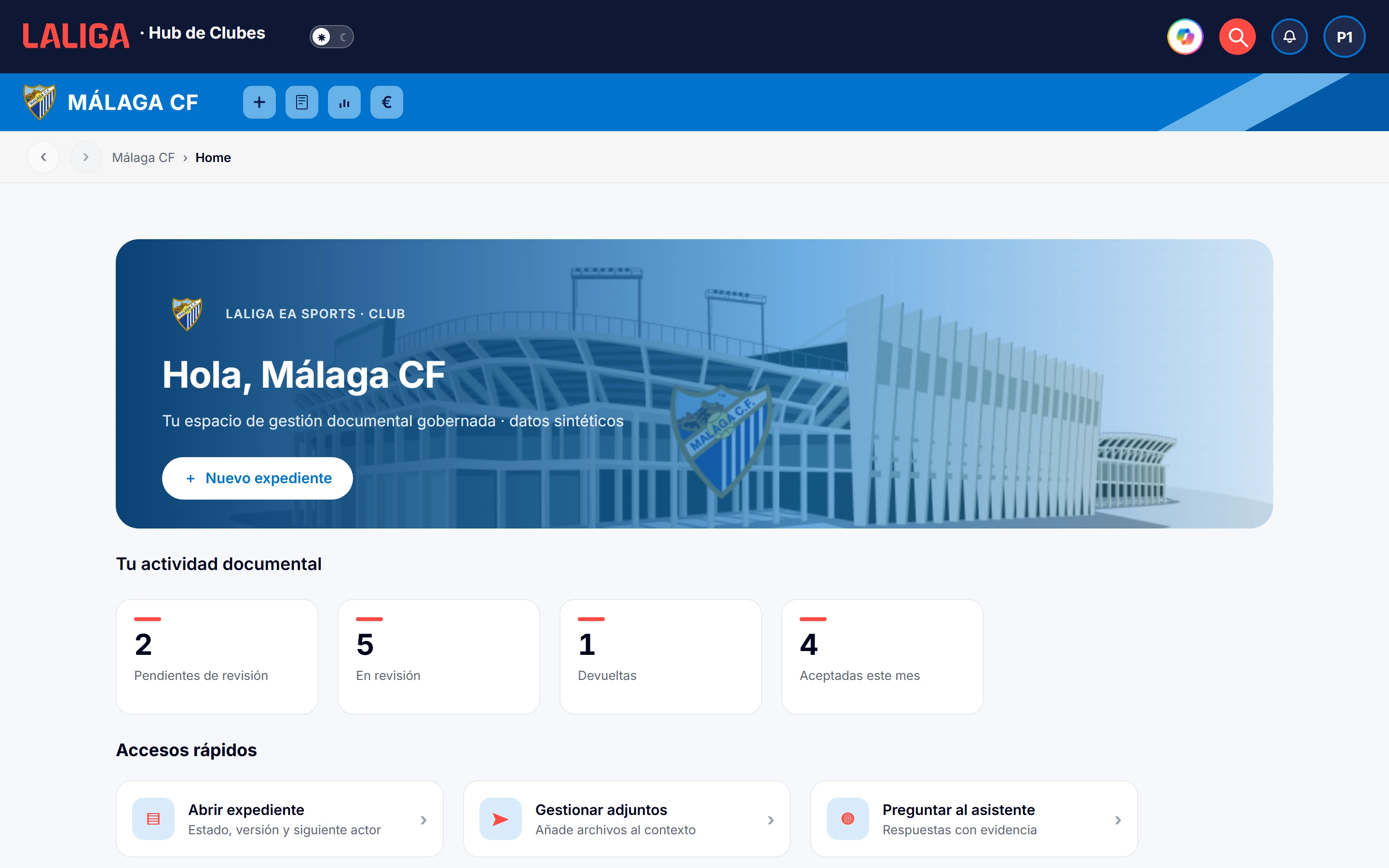 Interfaz implementada del espacio de Málaga CF con datos sintéticos