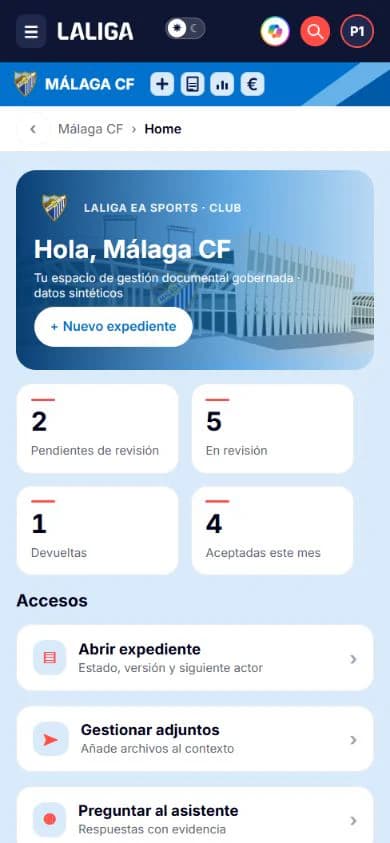 Inicio de club adaptado a una pantalla móvil