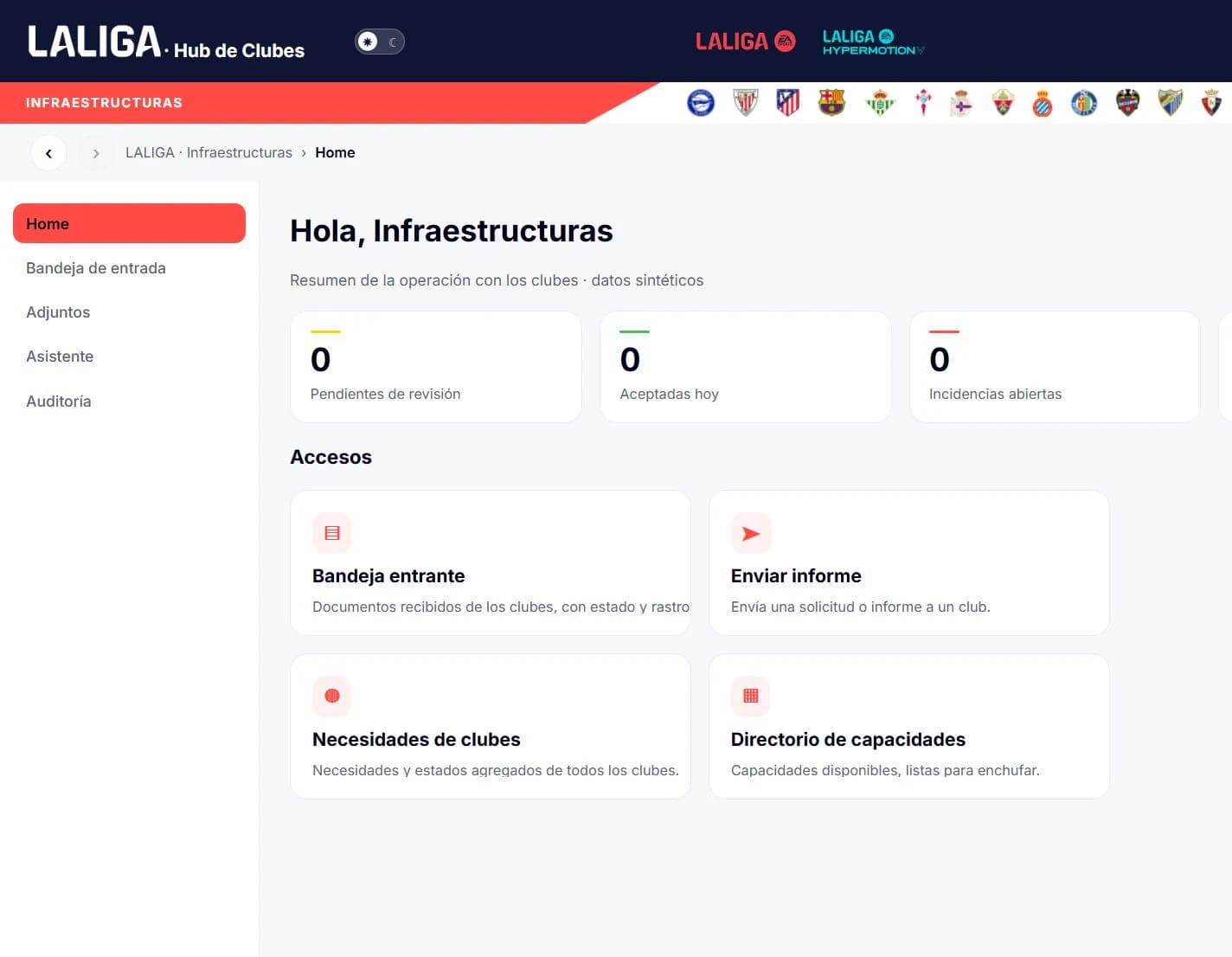 Panel de infraestructuras para coordinar documentación con múltiples clubes